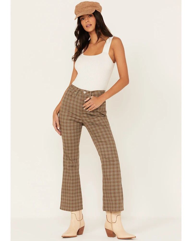 Cleo + Wolf Women's High Rise Plaid Print Flare Jeans