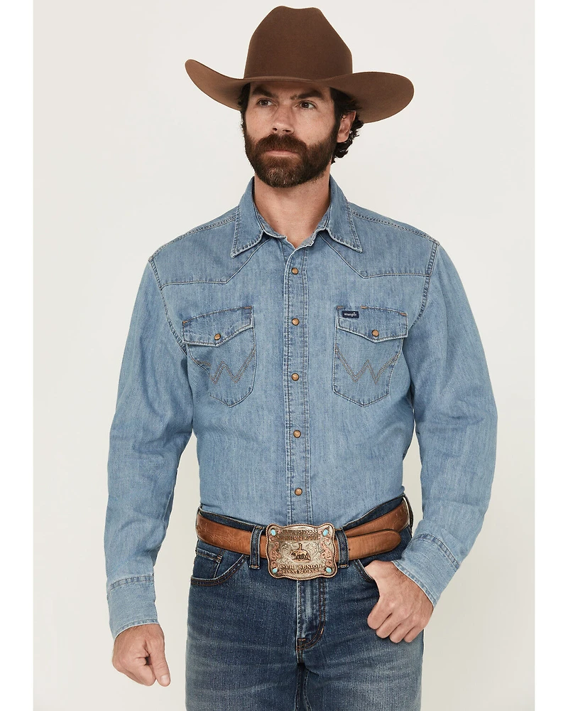 Wrangler Men's Light Wash Denim Long Sleeve Snap Western Shirt