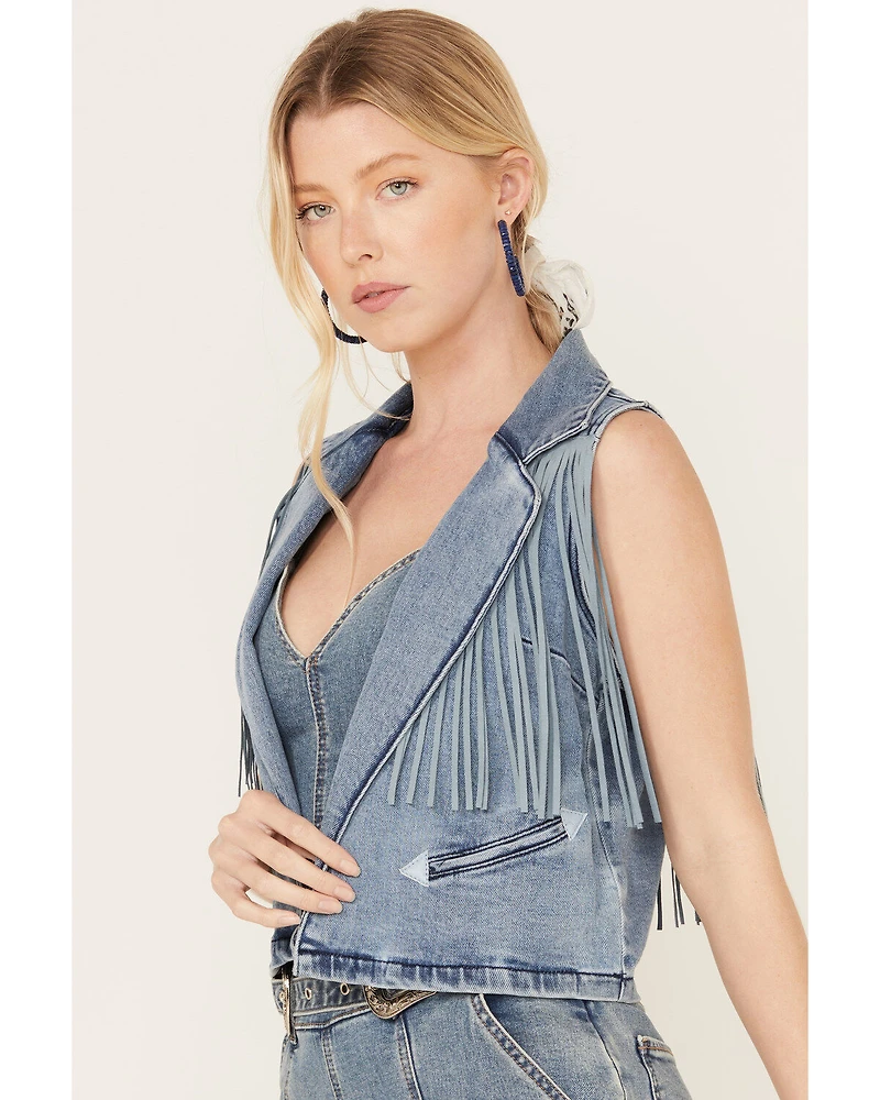 Rock & Roll Denim Women's Medium Wash Cropped Fringe Vest