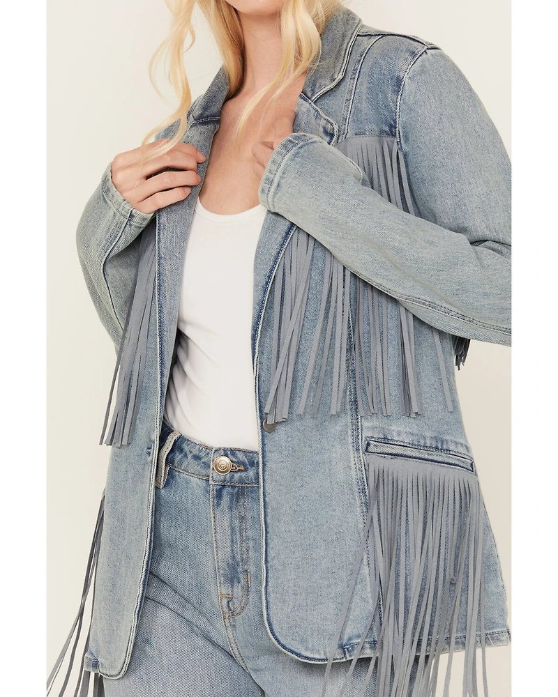 Rock & Roll Denim Women's Light Wash Stretch Fringe Blazer