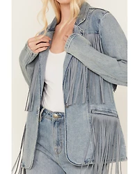 Rock & Roll Denim Women's Light Wash Stretch Fringe Blazer