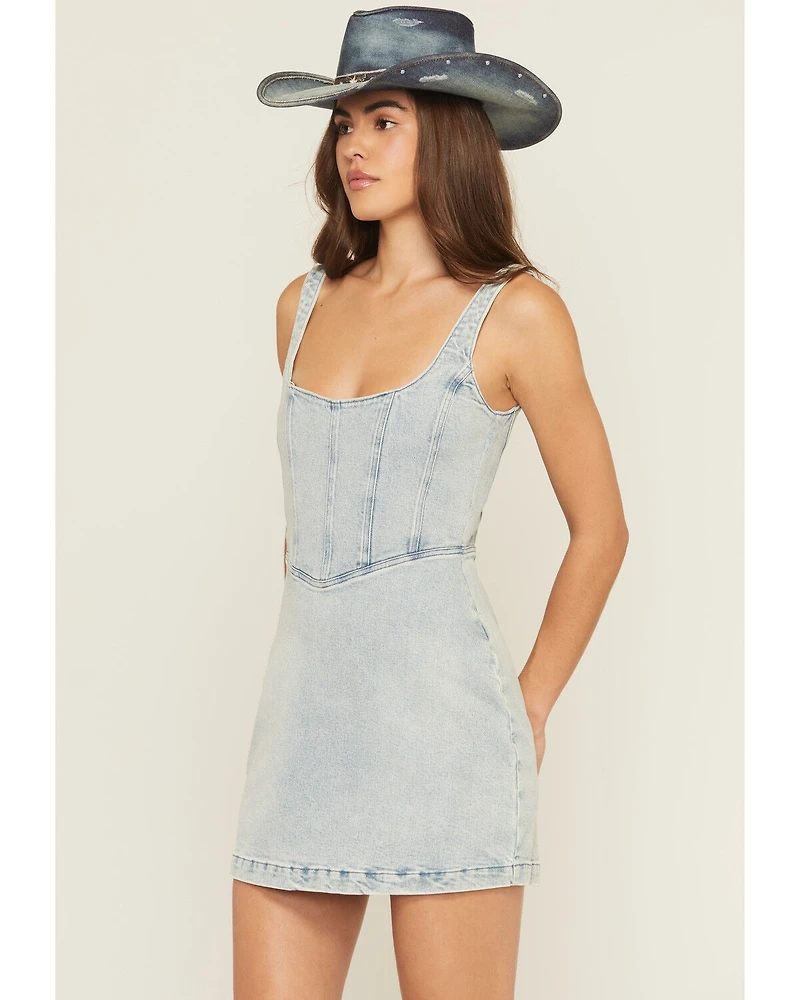 Show Me Your Mumu Women's Light Wash Corset Sleeveless Denim Mini Dress
