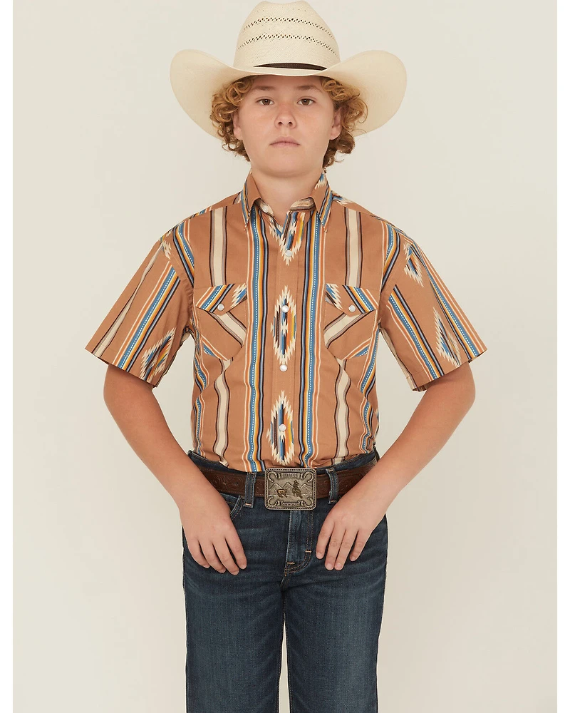Panhandle Slim Boys' Southwestern Striped Print Short Sleeve Snap Western Shirt