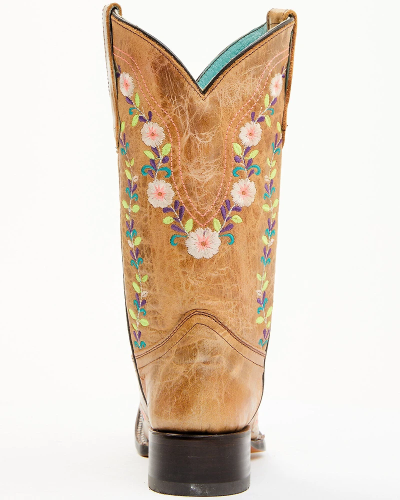 Corral Girls' Floral Embroidered Blacklight Western Boots - Square Toe