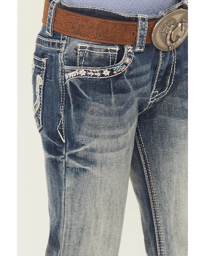 Grace LA Little Girls' Light Wash Double Horseshoe Pocket Bootcut Stretch Denim Jeans