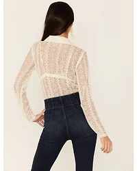 Wild Moss Women's Lace Button Front Sheer Long Sleeve Shirt