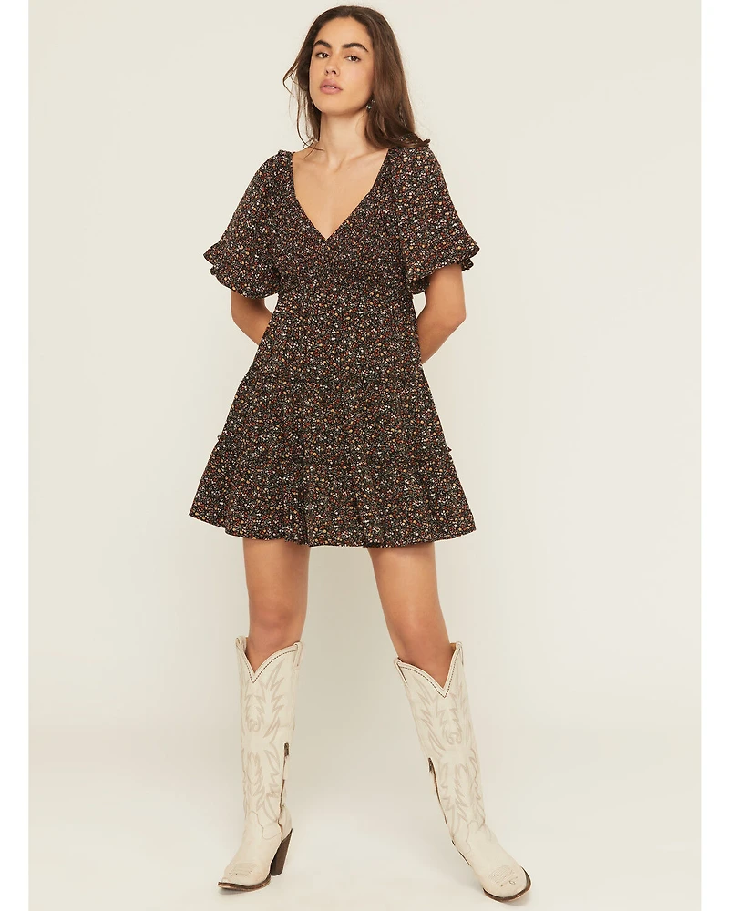 Yura Women's Floral Print Short Sleeve Smocked Mini Dress