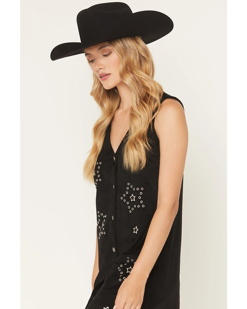 Rock & Roll Denim Women's Faux Suede Embellished Sleeveless Snap Mini Dress