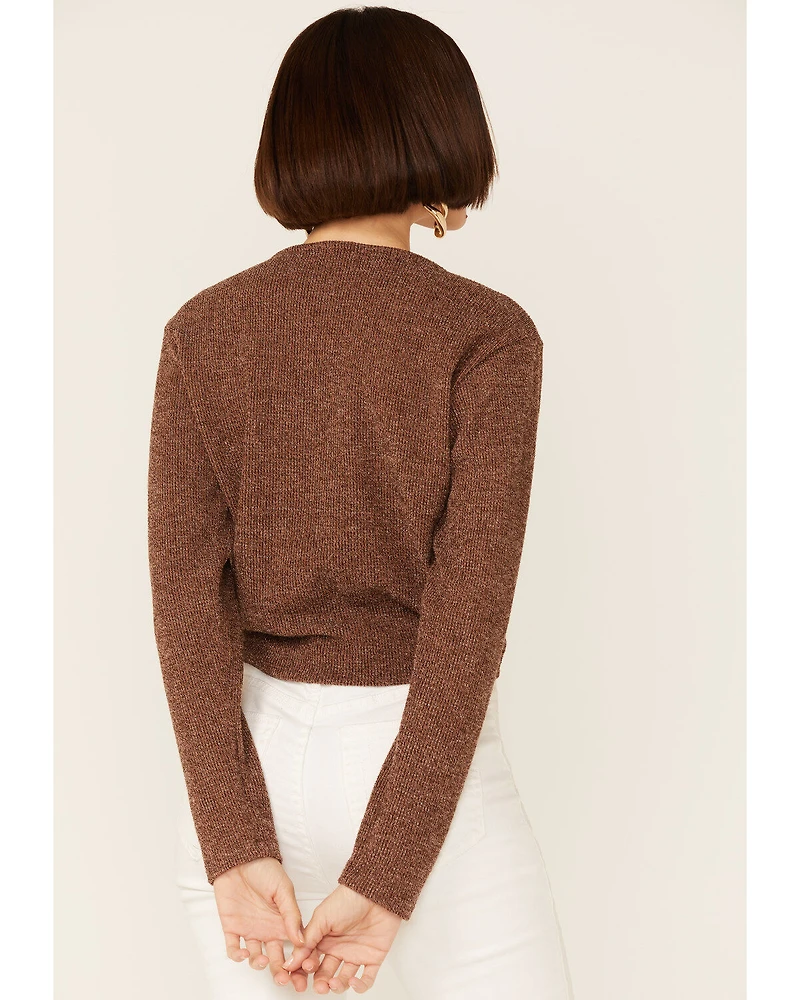 Wild Moss Women's Brown Ribbed Lurex Cinch Front Knit Top