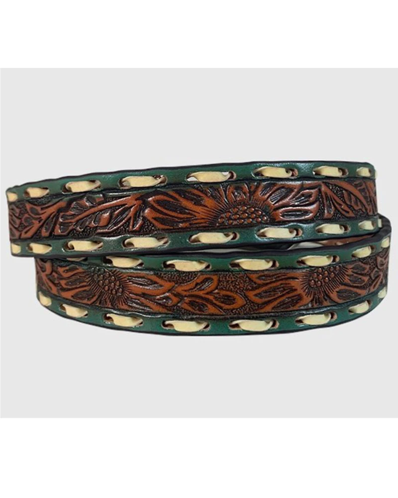 Lyntone Women's Brown & Turquoise Floral Tooled Laced Leather Belt