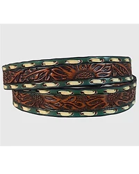 Lyntone Women's Brown & Turquoise Floral Tooled Laced Leather Belt