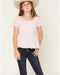 Originality Girls' Emma Gingham Short Puff Sleeve Ruffle Shirt