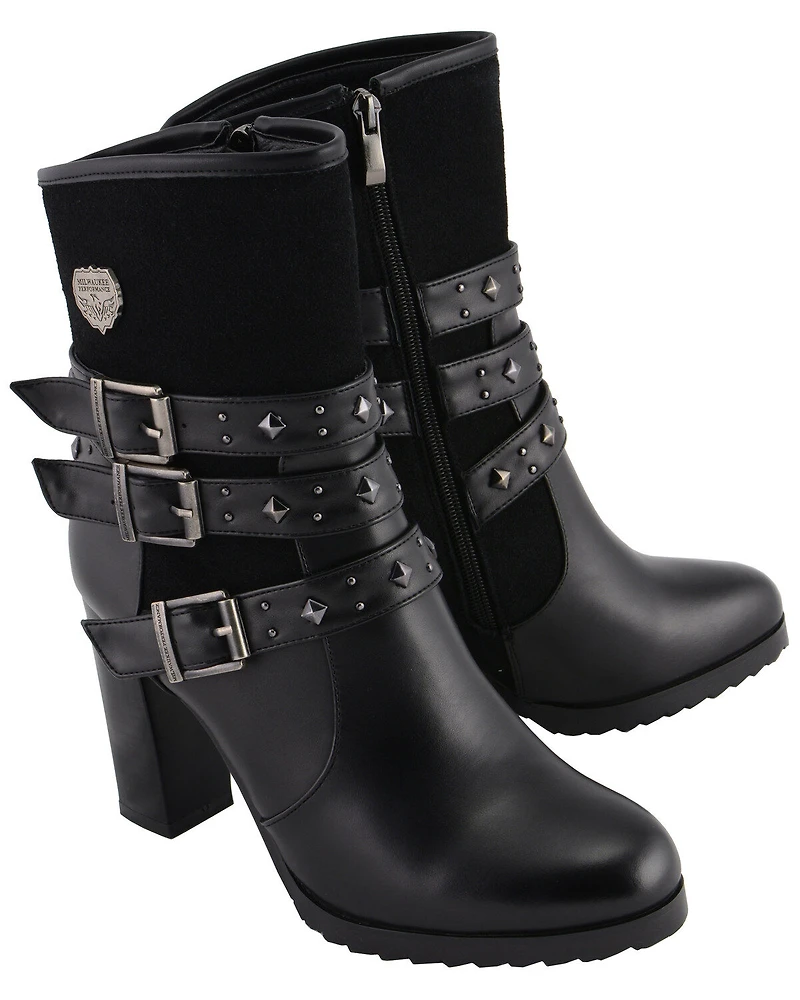 Milwaukee Leather Women's Block Heel Triple Strap Riding Boots - Round Toe