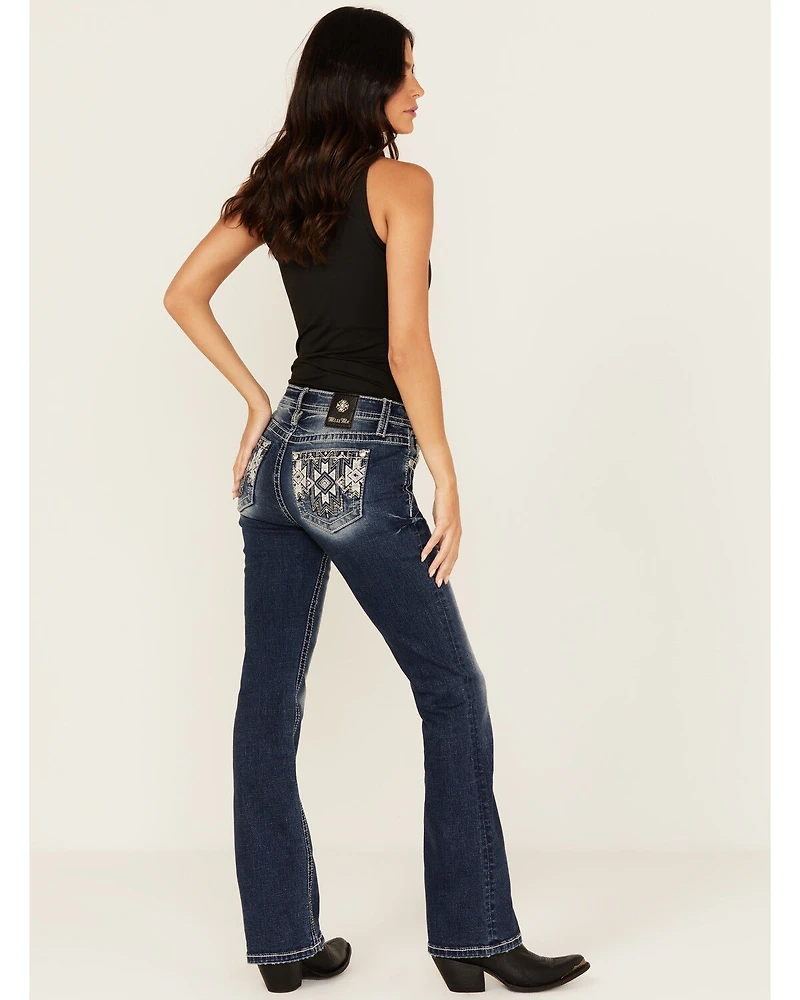 Miss Me Women's Dark Wash Mid Rise Geo Pocket 32" Bootcut Stretch Denim Jeans