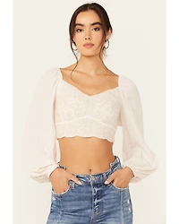 Shyanne Women's Embroidered Mesh Dot Poet Sleeve Crop Top
