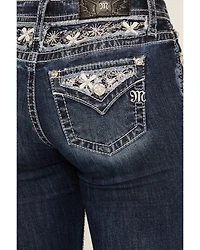 Miss Me Women's Dark Wash Snowflake Embroidered Slim 32" Bootcut Stretch Denim Jeans