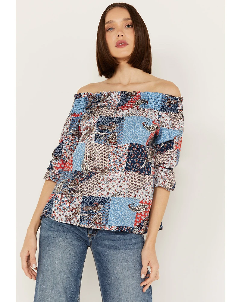 Wild Moss Women's Patchwork Print Off The Shoulder Top