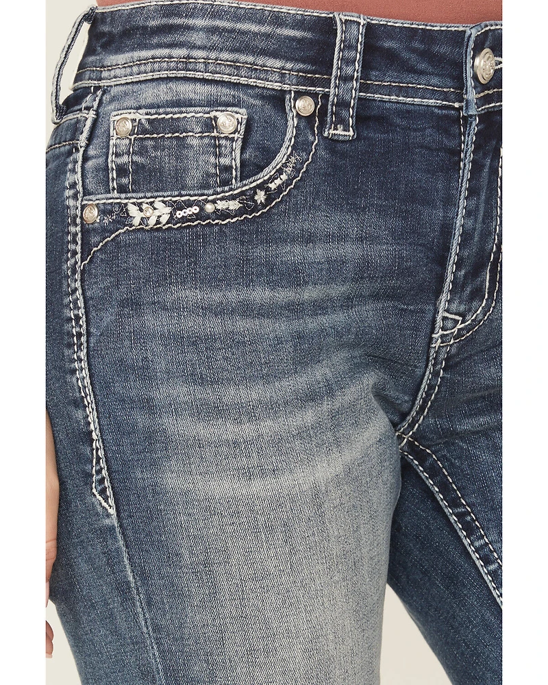 Grace LA Women's Medium Wash Mid Rise Embroidered Bootcut Stretch Denim Jeans