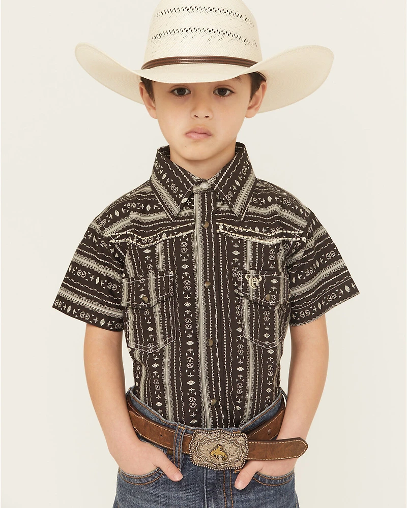Cowboy Hardware Boys' Stripe Southwestern Print Short Sleeve Snap Stretch Western Shirt