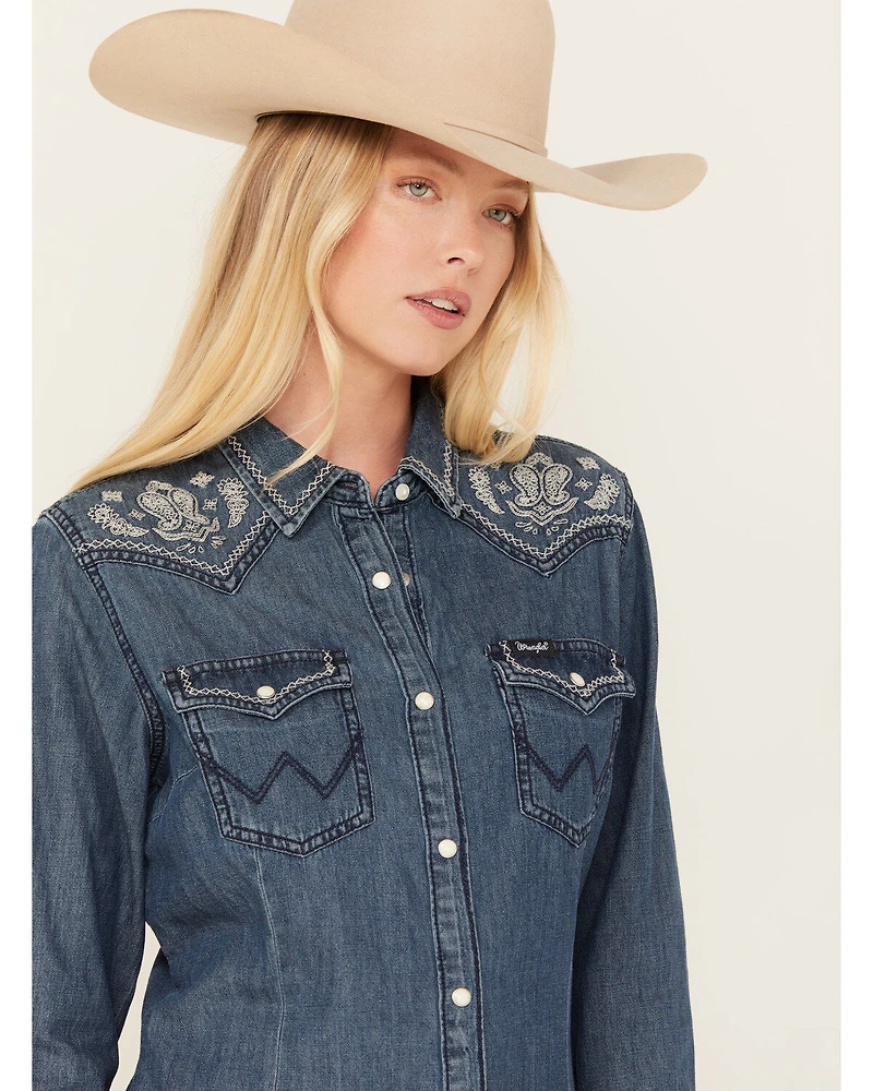 Wrangler Retro Women's Dark Wash Denim Embroidered Long Sleeve Western Shirt