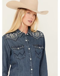 Wrangler Retro Women's Dark Wash Denim Embroidered Long Sleeve Western Shirt