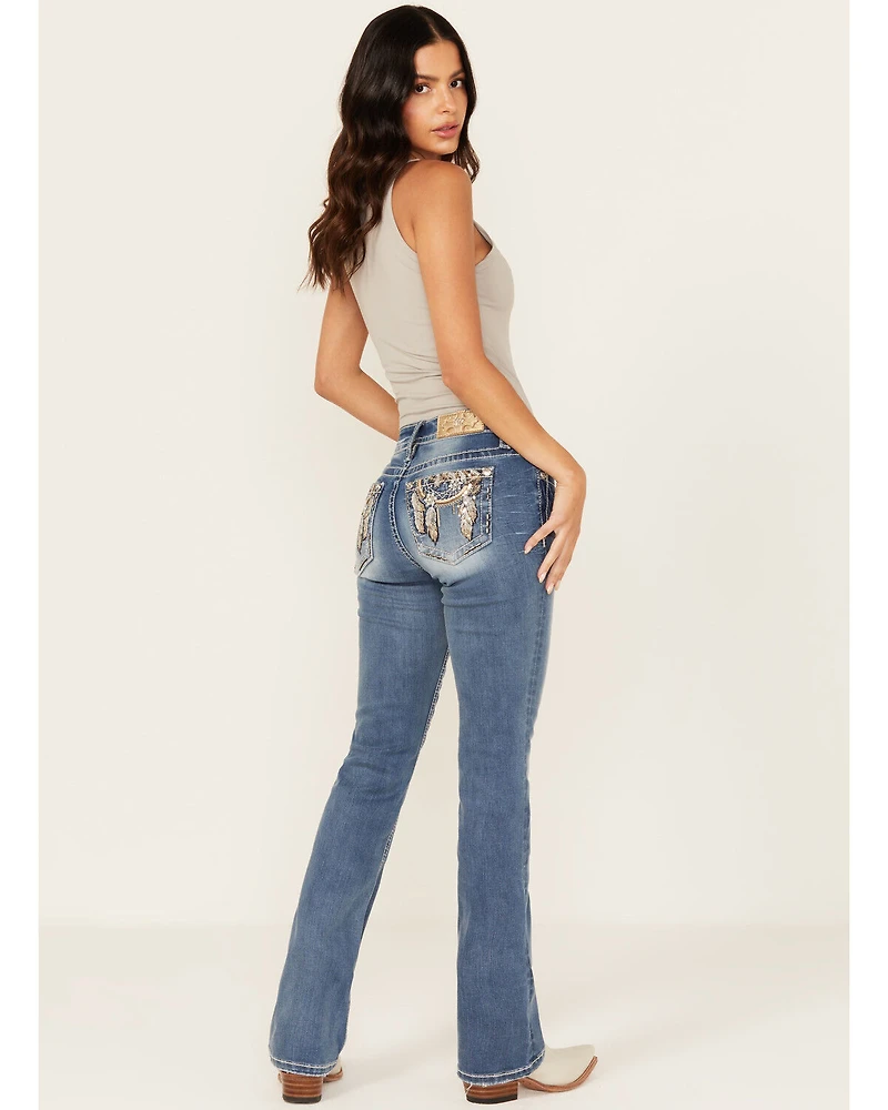 Miss Me Women's Dark Wash Mid Rise Dream Catcher Pocket 32" Bootcut Stretch Denim Jeans