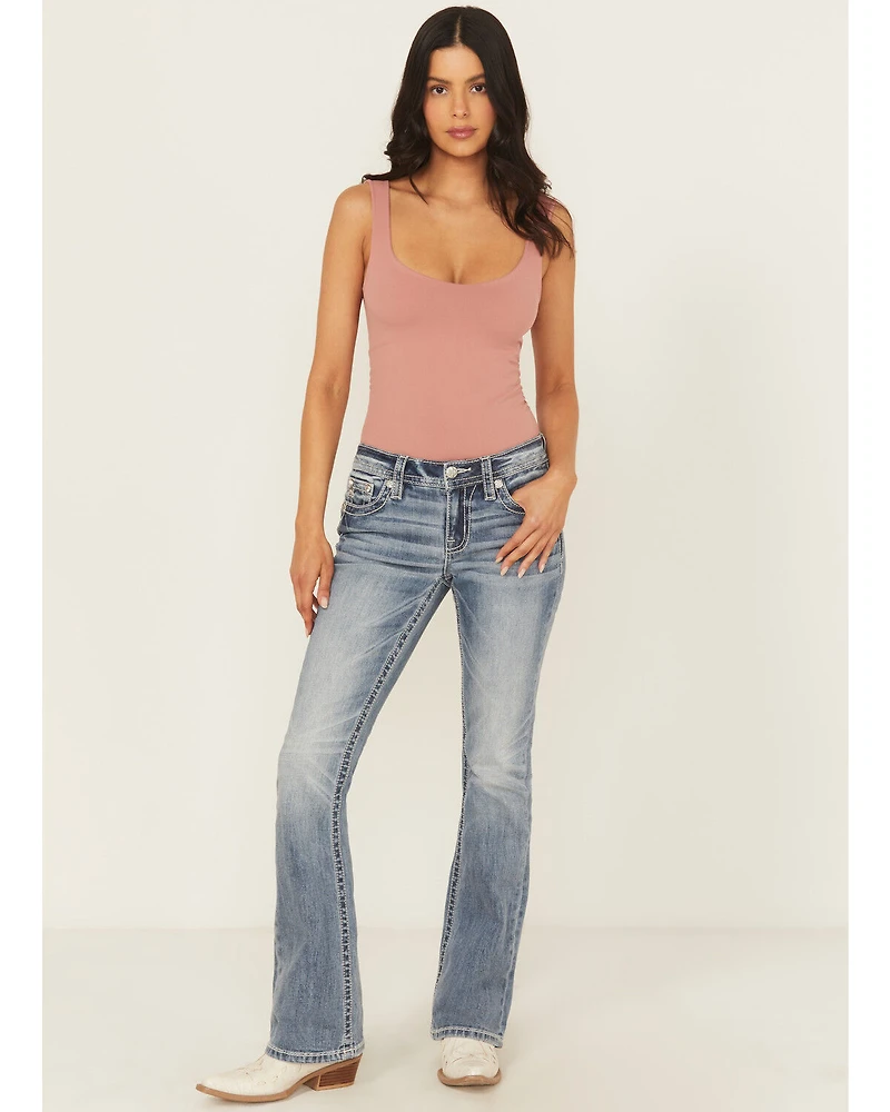 Miss Me Women's Dark Wash Mid Rise Floral Cross Pocket 32" Bootcut Stretch Denim Jeans