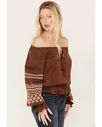 Shyanne Women's Satin Peasant Embroidered Blouse