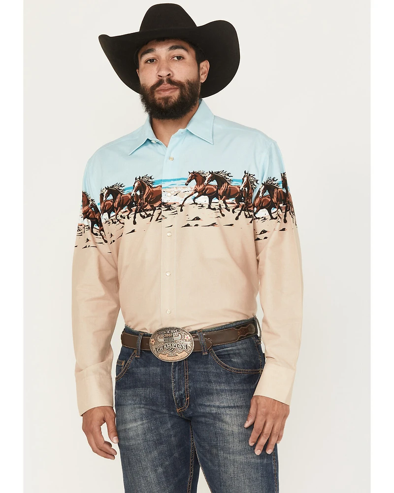 Panhandle Slim Men's Horse Border Print Long Sleeve Pearl Snap Western Shirt
