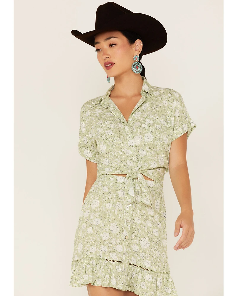 Shyanne Women's Floral Print Tie Front Short Sleeve Button Shirt