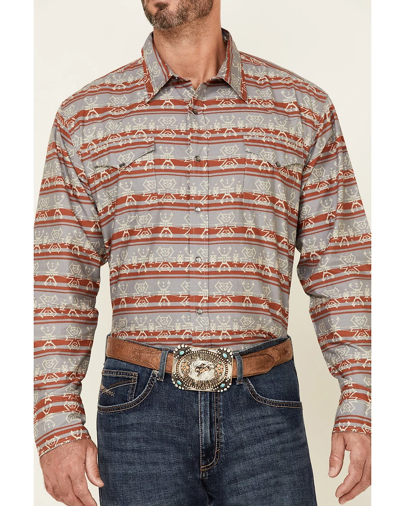 Roper Men's Gray Southwestern Blanket Stripe Long Sleeve Pearl Snap Western Shirt