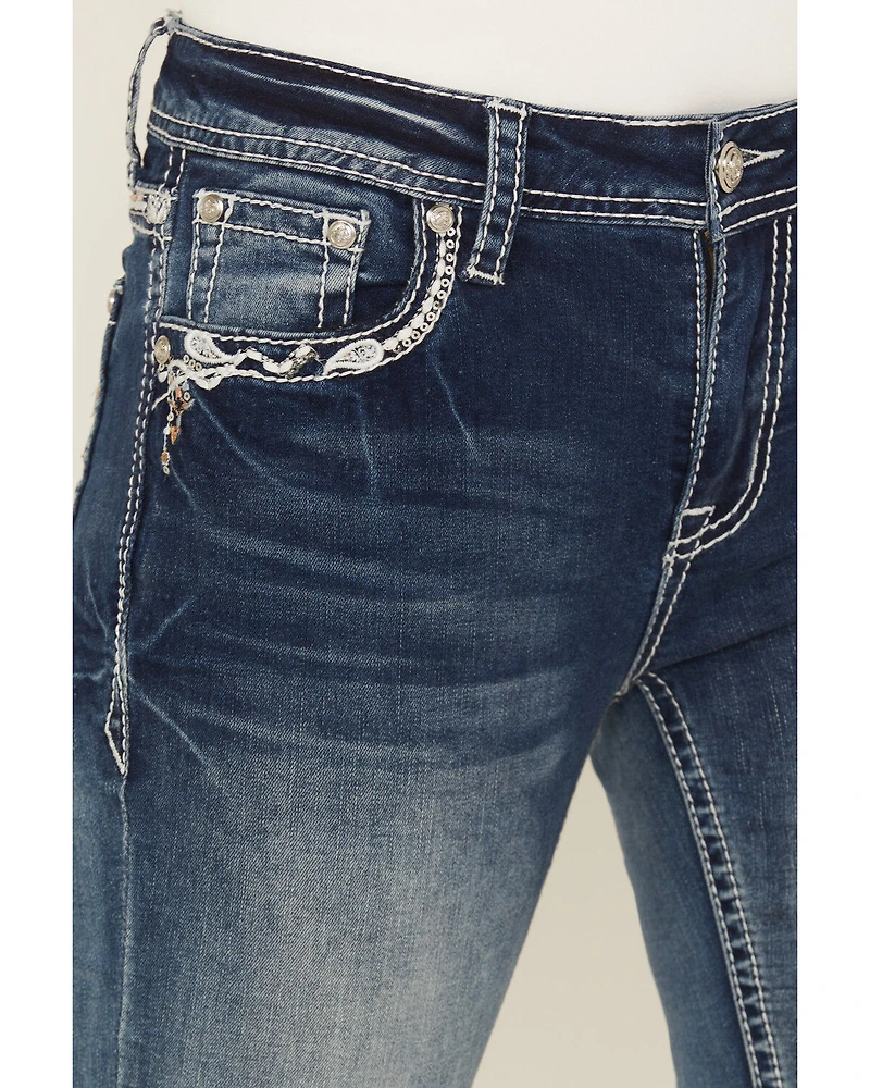 Grace LA Women's Medium Wash Dream Catcher Embroidered Mid Rise Bootcut Stretch Denim Jeans