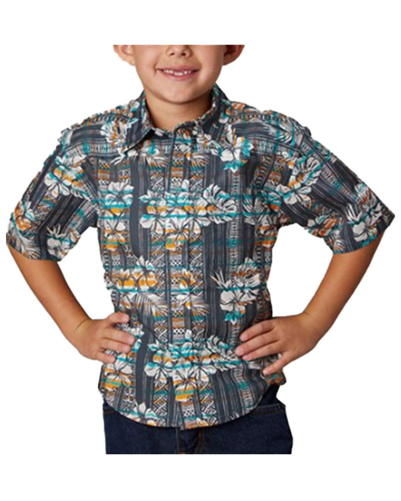 Roper Boys' Hawaiian Floral Print Short Sleeve Snap Western Shirt