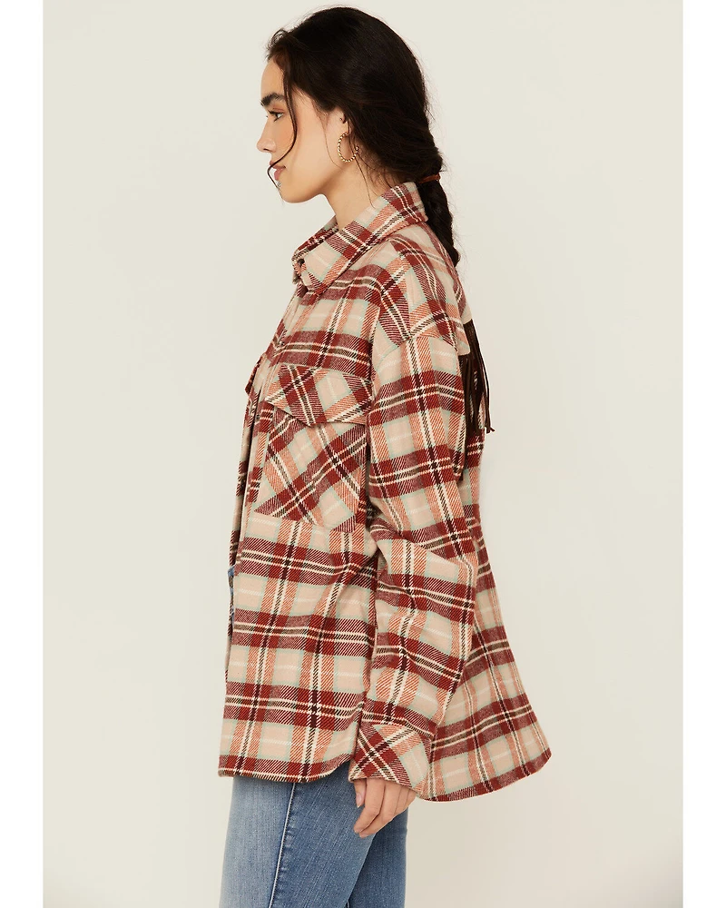 Rock & Roll Denim Women's Plaid Print Fringe Snap Shacket