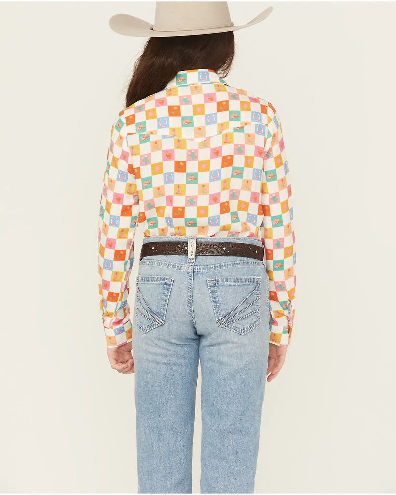 Roper Girls' Western Checkered Long Sleeve Pearl Snap Shirt