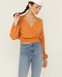 Saints & Hearts Women's Long Sleeve Surplice Smocked Waist Crop Top