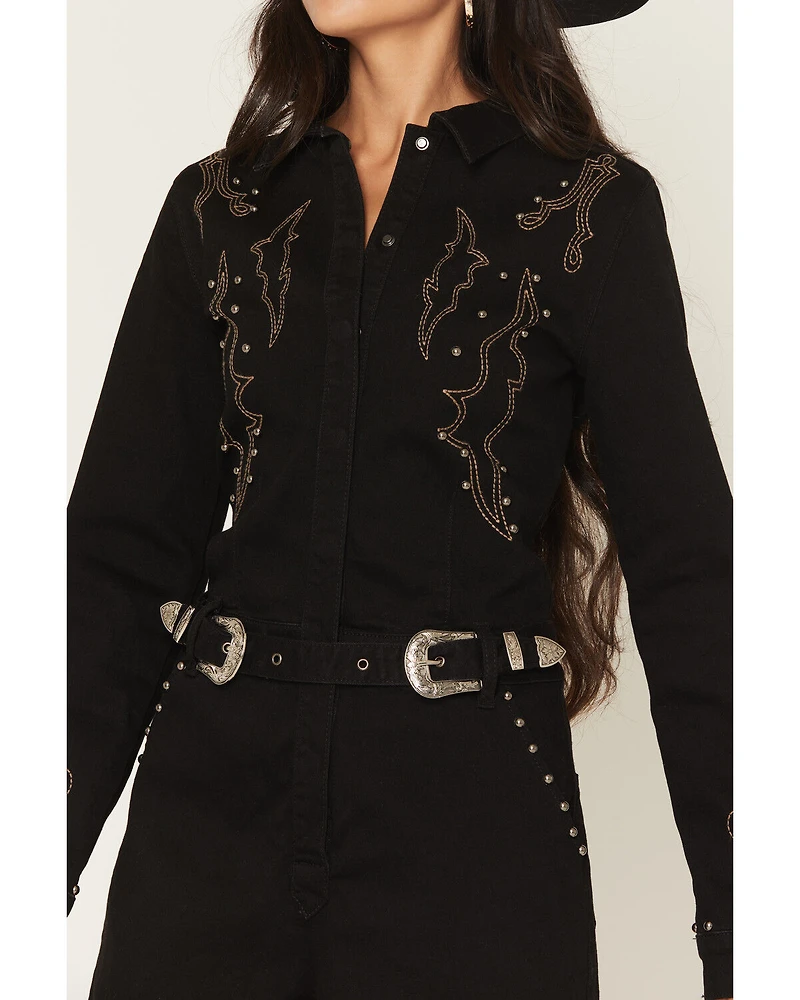Rock & Roll Denim Women's Western Embroidered Long Sleeve Snap Romper