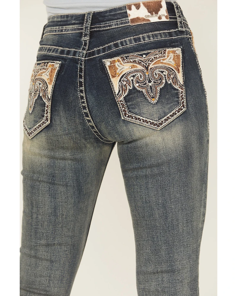 Grace LA Women's Medium Wash Mid Rise Hairon Bootcut Stretch Denim Jeans