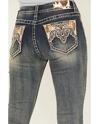Grace LA Women's Medium Wash Mid Rise Hairon Bootcut Stretch Denim Jeans
