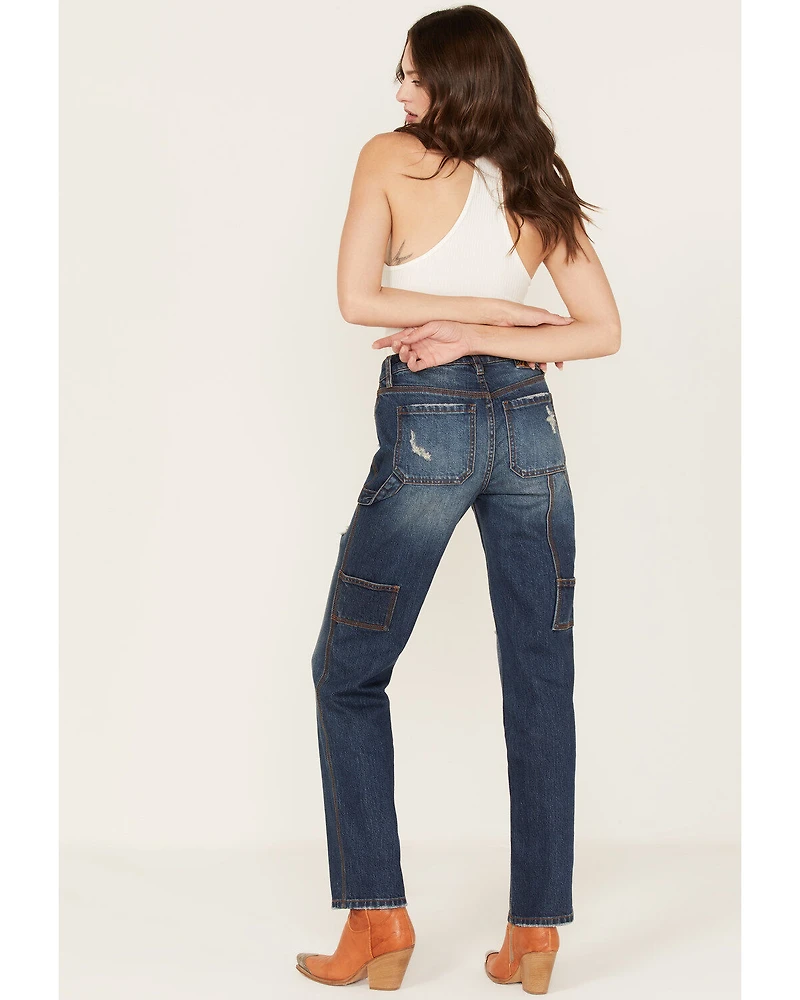 Cleo + Wolf Women's Medium Wash Mid Rise Distressed Cargo Straight Jeans