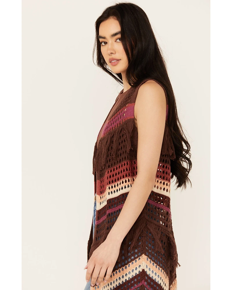 Shyanne Women's Long Striped Crochet Fringe Sweater Vest