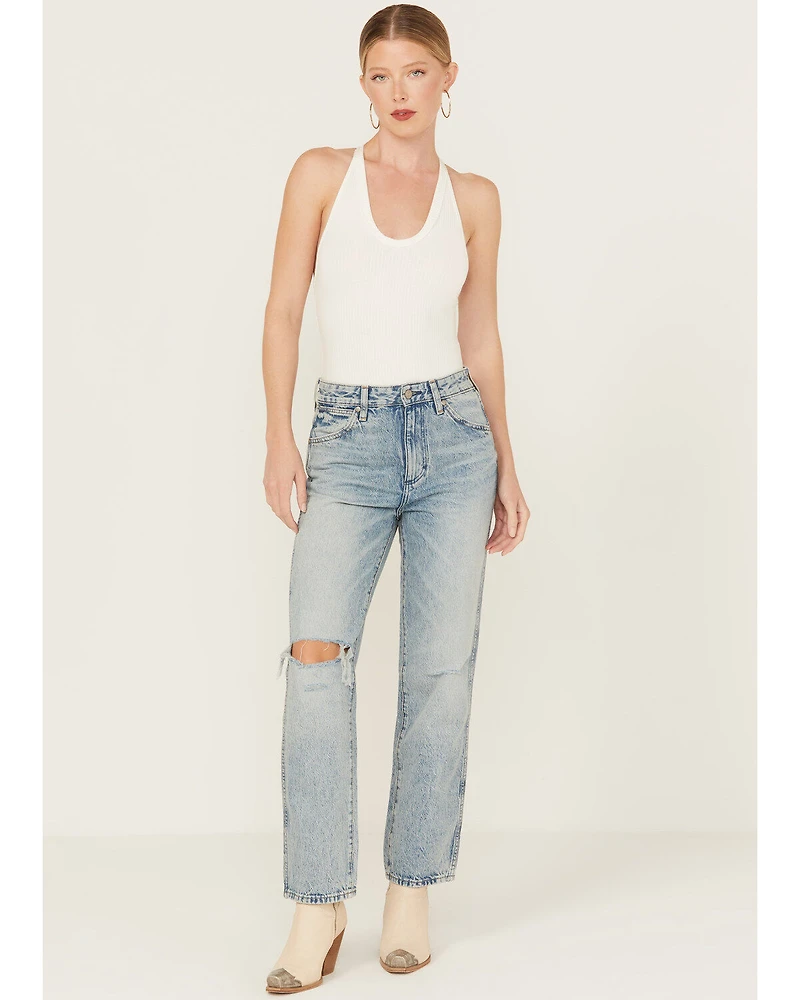 Wrangler Women's Wild West Destructed Light Wash High Rise Straight Jeans
