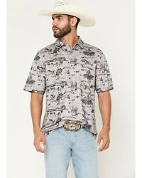 CInch Men's Cowboy Print Short Sleeve Button-Down Stretch Polo Shirt