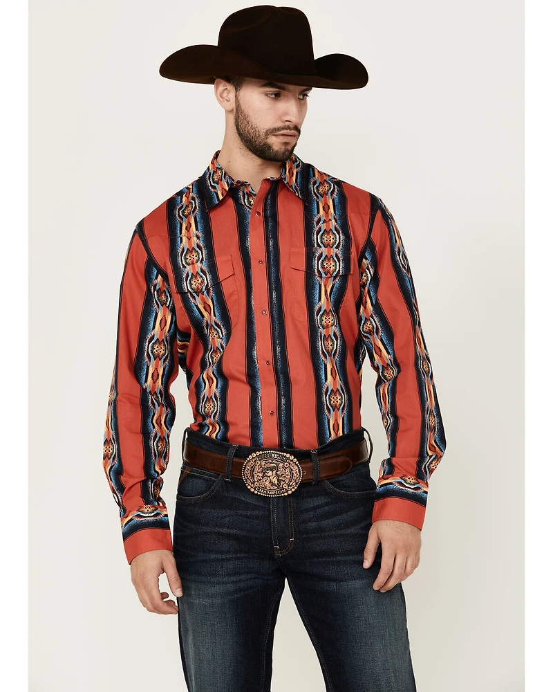 Wrangler Men's Checotah Southwestern Striped Print Long Sleeve Pearl Snap Western Shirt