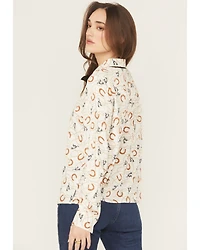Wrangler Retro Women's Horseshoe Print Neck Tie Long Sleeve Button-Down Western Shirt