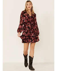 Lovestitch Women's Magenta Floral Lace Trim Mini Dress