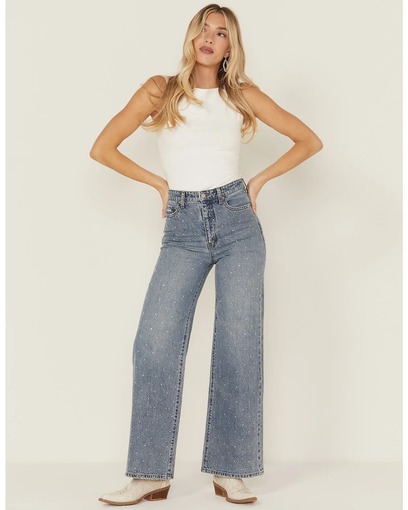 Daze Women's Far Out Medium Wash High Rise Studded Wide Leg Denim Jeans
