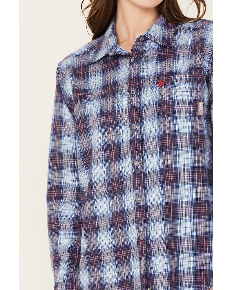 Ariat Women's FR Plaid Print Long Sleeve Button Down Work Shirt