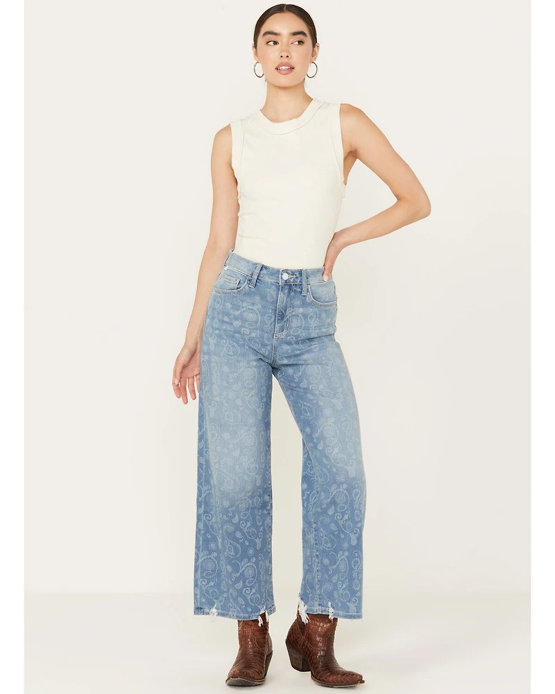 Ceros Women's Medium Wash High Rise Paisley Printed Wide Leg Straight Stretch Jeans