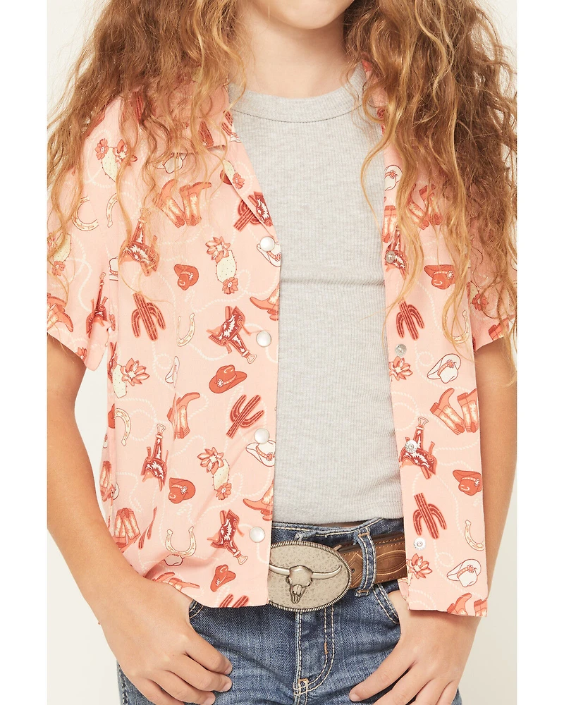 Wrangler Girls' Conversation Print Short Sleeve Snap Western Shirt